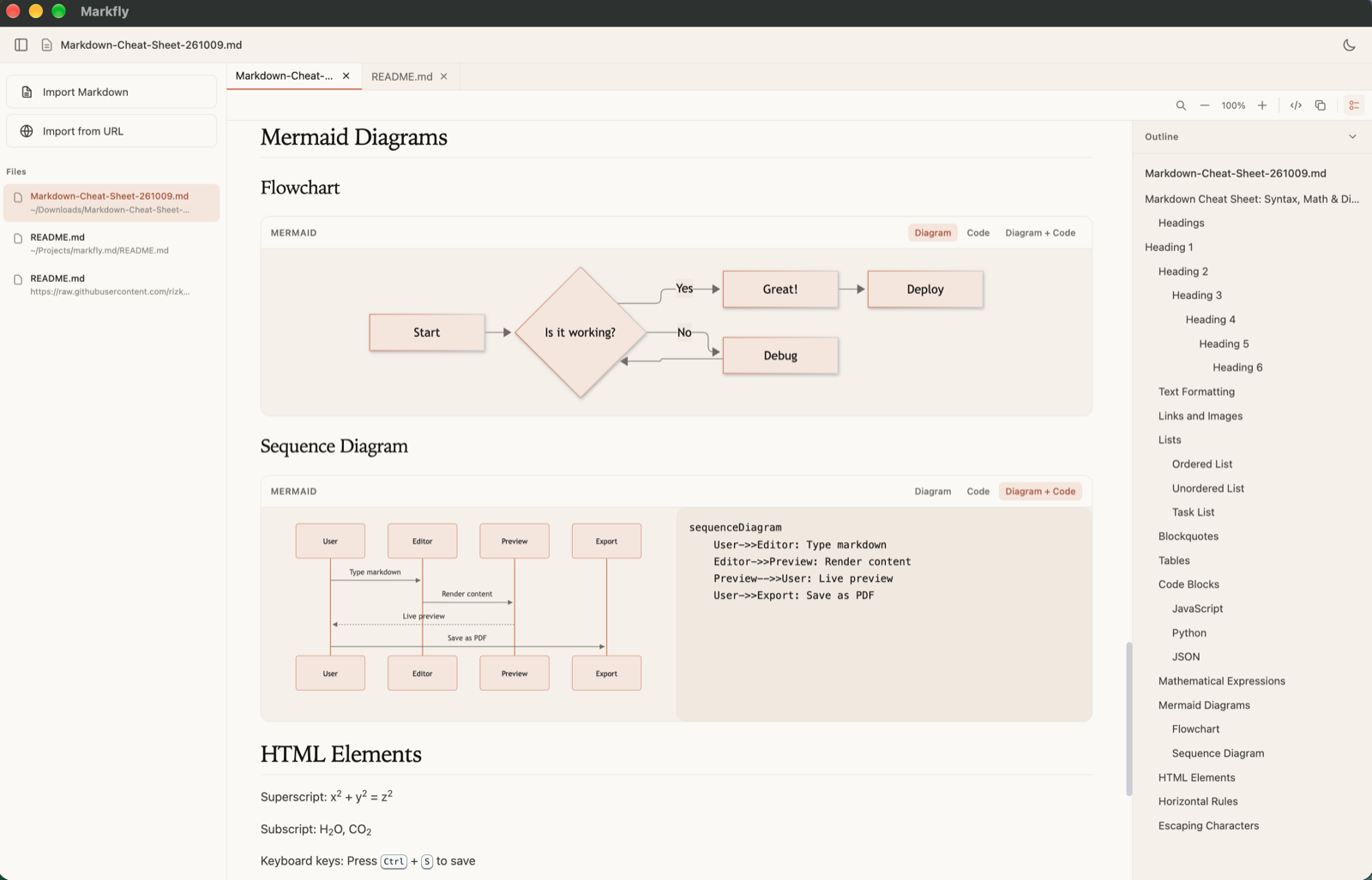 Markfly on macOS displaying a Mermaid diagram, Markdown preview, and document outline